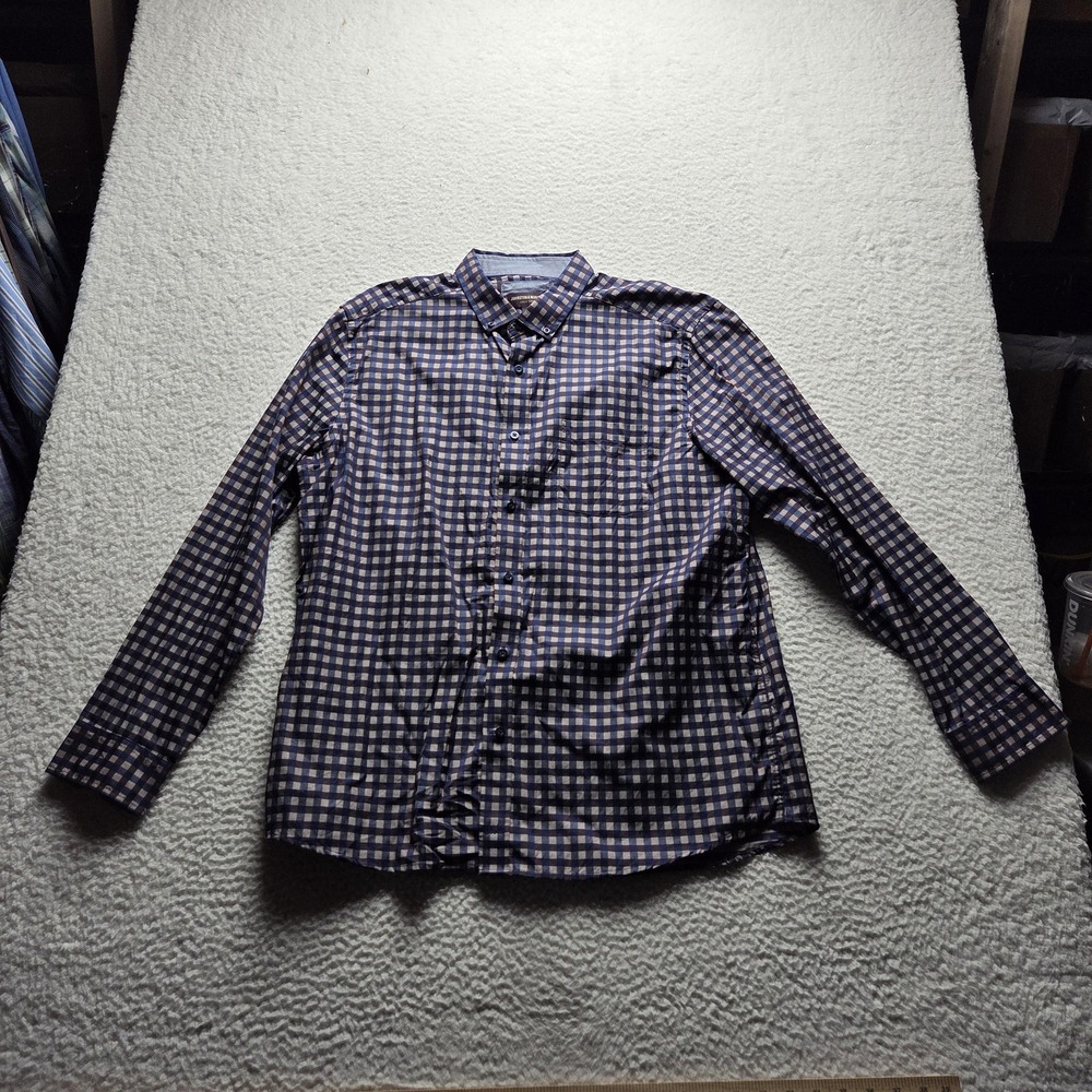 Johnston & Murphy Shirt Mens XL Blue Check Long Sleeve 100% Cotton Button-Up